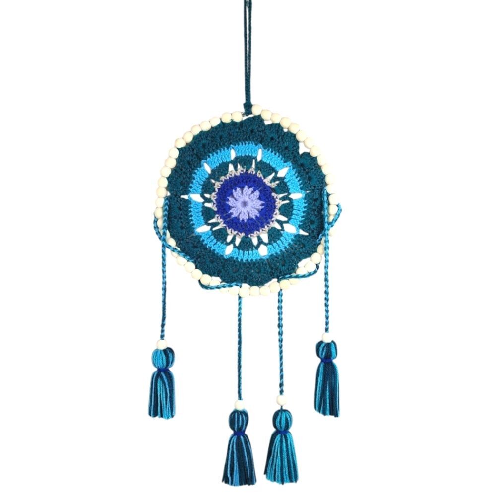 New Blue Crochet Mandala Wall Art Handmade Boho Decor with Tassels & Beads